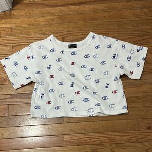 Y2K Champion Women’s White and Blue Logo T-Shirt Size Small